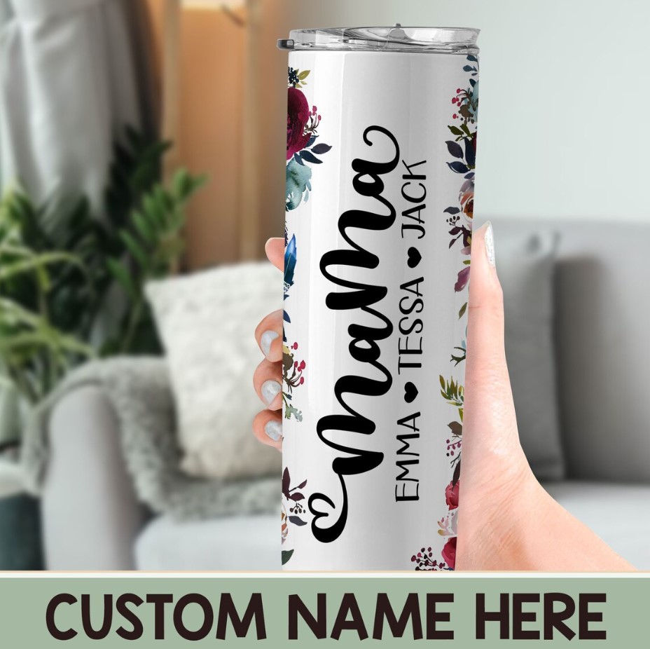 Personalized Floral Mama Tumbler Custom Mom Tumbler With Kids Names Mama Skinny Tumbler Mama Cup Mothers Day Gift Mama Gift